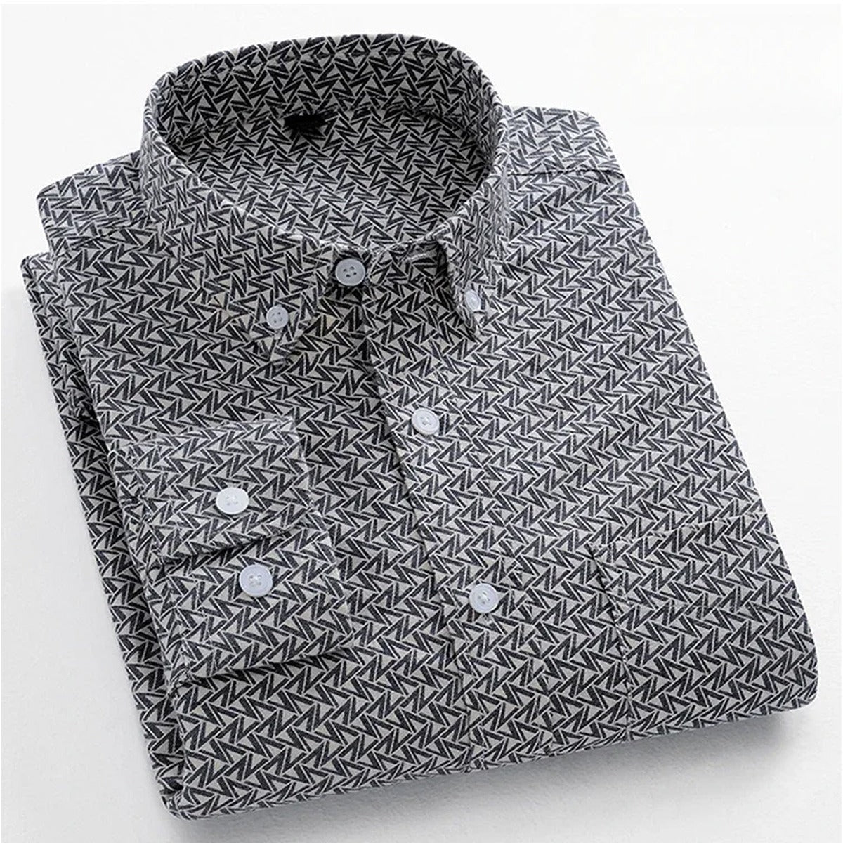 Men's long-sleeve cotton casual dress shirt featuring abstract pattern