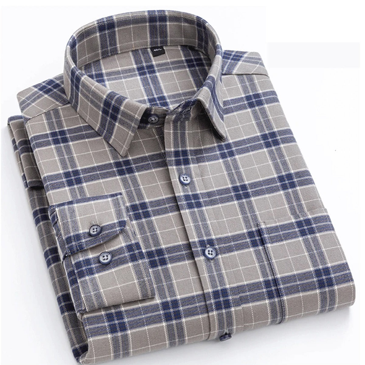 men's grey and blue checkered casual long-sleeve cotton flannel shirt