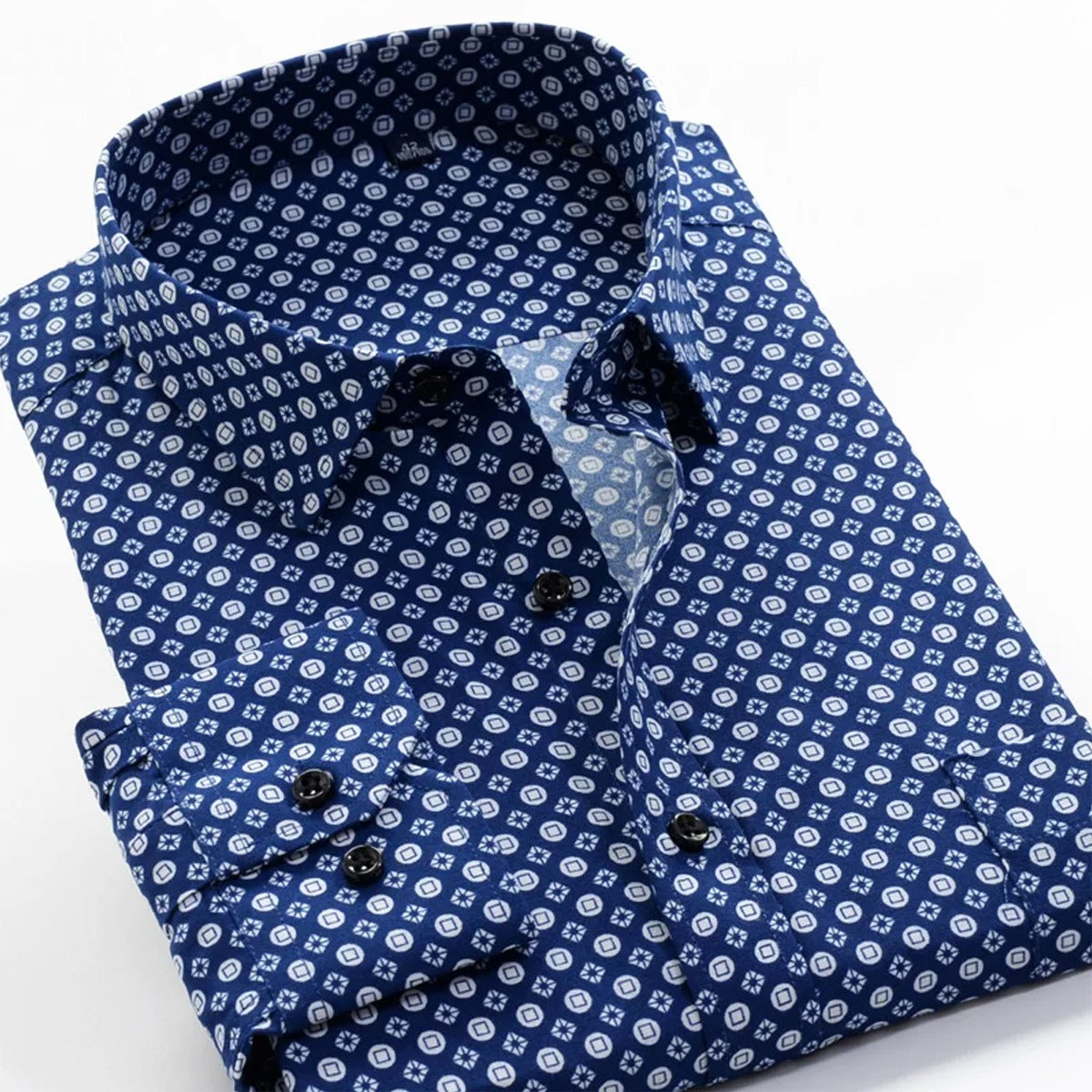 Men's blue and white geometric or floral print long-sleeve casual shirt