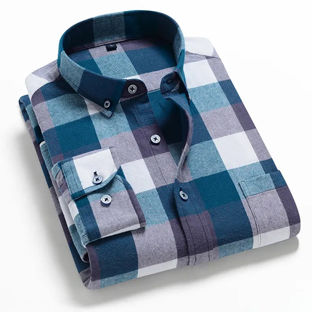 Men's blue and white long-sleeve cotton flannel plaid shirt.