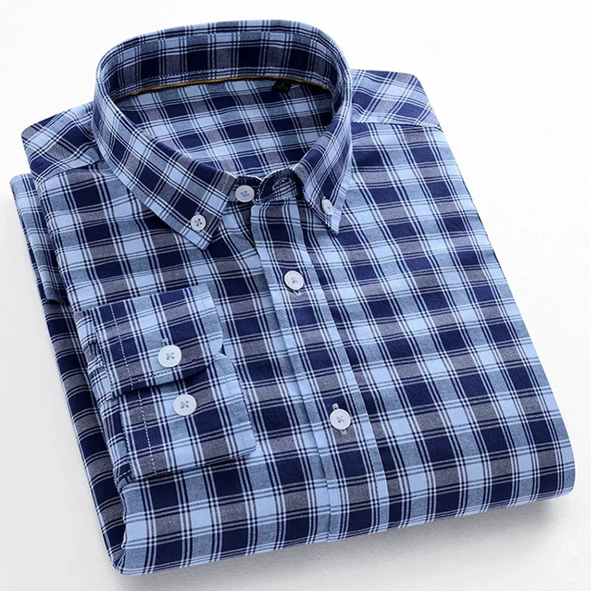 men's long-sleeve, slim-fit, blue and white plaid button-down casual shirt